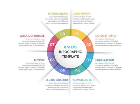 Circular infographic template with eight steps or options, process chart vector