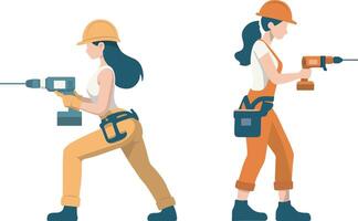 Female Workers Using Electric Drill. vector