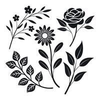 Black Floral Sketch Silhouettes of Roses, Daisies, and Leafy Botanical Elements vector
