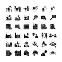 Labor shortage crisis icon set. Glyph style with black silhouette design. Includes hiring issue, worker gap, employee burnout, job vacancy, recruitment delay, automation risk, and factory impact. vector