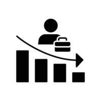 Job Market Downturn Icon. Glyph Style. Employee with Briefcase on Declining Bar Chart. Labor Shortage Crisis. Workforce Loss and Employment Reduction. Economic Impact Concep vector