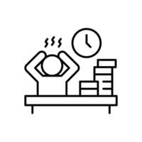 Overworked Employee Icon. Outline Style. Stressed Worker at Office Desk with Paper Stack and Clock. Labor Shortage Crisis. Burnout Problem. Productivity Pressure Symbol vector
