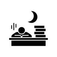 Late Night Overwork Icon. Glyph Style. Tired Employee Sleeping at Office Desk with Paper Stack and Moon Symbol. Labor Shortage Effect. Exhaustion and Productivity Crisis vector