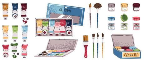 Artist Paint Set. Gouache, Watercolor and Oil Tubes with Brushes in Flat Style. Professional Art Supplies for Studio Work, Classroom Projects, Creative Hobbies. Ideal for Art Branding, Stickers vector