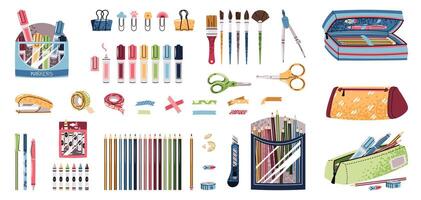 Stationery Set. Pencils, Highlighters, Crayons, Pens, Pencil Cases, Brushes, Paperclips and More in Flat Design. Back to School Collection. Ideal for Educational Content, Office Branding, Social Media vector