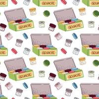 Seamless Pattern with Gouache Jars and Paint Box. Artist Supplies Design for Textile Printing, Wallpaper, Wrapping Paper and Stationery. Perfect for Fabric, School Decor vector