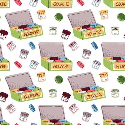 Seamless Pattern with Gouache Jars and Paint Box. Artist Supplies Design for Textile Printing, Wallpaper, Wrapping Paper and Stationery. Perfect for Fabric, School Decor
