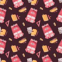 Seamless Pattern with Pink Girls Backpack, Notebook and Pencil Case. Background for Children's Textiles, Wallpaper, wrapping paper and Stationery Packaging vector