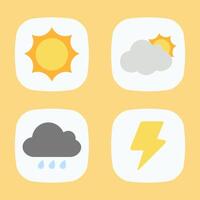A collection of four simple weather condition icons sun, partly cloudy, rain, and lightning bolt. Flat design graphic elements isolated on a yellow background for app or web use vector