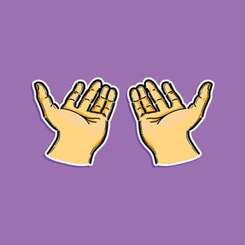 Illustration of two open hands in a cartoon style displayed on a vibrant purple backdrop. Perfect for visual communication, concepts of giving, receiving, or connection in graphic designs. vector