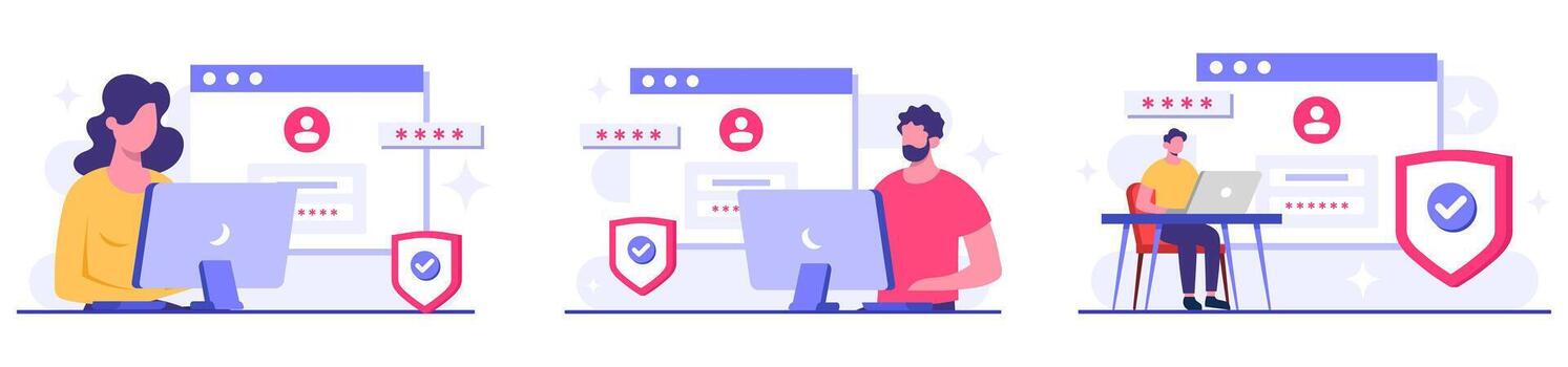 Designs of Personal data protection, Cyber security, Internet security or information privacy, Password protection flat illustrations for landing page, flyer, web banner, infographic vector
