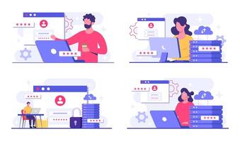 illustration of tech workers and devices vector