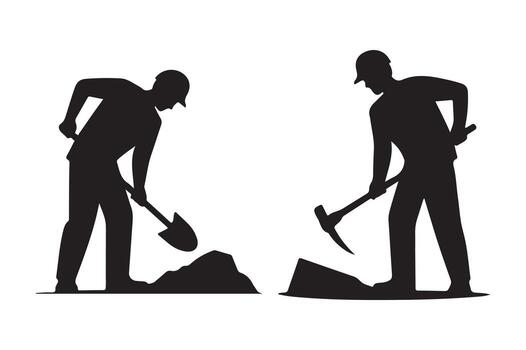 Two construction workers digging with tools on white background vector