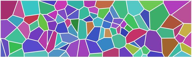 a colorful voronoi diagram with polygons in shades of green, blue, purple, and pink. The irregular polygons are bordered by white lines, creating a stained-glass-like effect vector