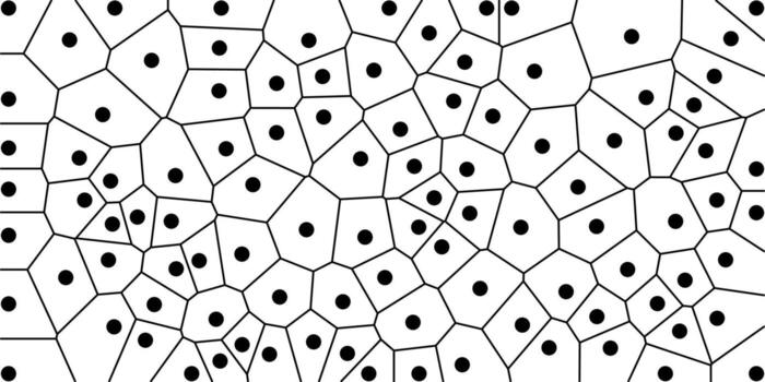 Black and white abstract pattern with irregular polygonal cells, each containing a centered black dot, creating a geometric and structured visual. vector
