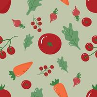 Carrot, beetroot, tomato, and lettuce on a green background. Food seamless pattern for clothing, fabric, wallpaper, backdrop, home decoration, cover book, and wall art. vector