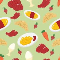 Bread, sausage, carrot, steak, and eggs on a green background. Food seamless pattern for clothing, fabric, wallpaper, backdrop, home decoration, cover book, and wall art. vector