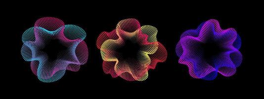 Set of multicolored neon abstract sound dots wave oscillations. Sound curve. Digital equalizer. Colorful template for music poster and banner. radial spectrum. vector