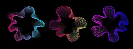 Set multicolored abstract sound dots wave oscillations. Sound curve. Digital equalizer. Colorful neon template for music poster and banner. radial spectrum. vector