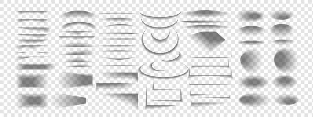 Collection of transparent shadows. Realistic black shadow effect from paper or packing box. round, oval, square, rectangular shadows, shadow stripes