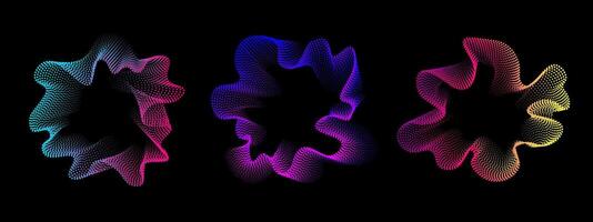 Set of multicolored neon abstract sound dots wave oscillations. Sound curve. Digital equalizer. Colorful template for music poster, banner. radial spectrum on black background. vector