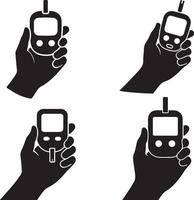 Hand holding glucose meter in various testing positions flat black silhouette design bundle illustration vector