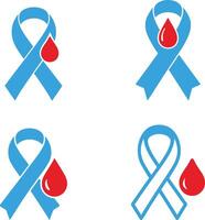 Diabetes awareness ribbon with blood drop in flat blue and red silhouette design set illustration vector