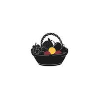 black icon of a fruit basket with grapes, strawberry, and pear vector