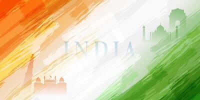 indian tricolor painting with brush effect landscape background with ashoka chakra vector