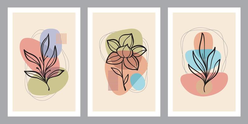 A collection of contemporary art posters in pastel colors. Abstract paper cutouts with geometric elements and strokes, leaves, and dots. Great designs for social media and postcards.