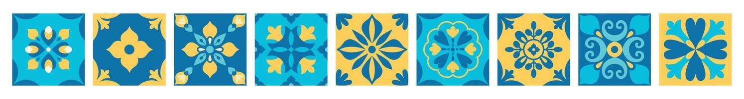 Mediterranean geometric border. Floral arabesque, ornament. Italian, Portuguese, Spanish blue and yellow tiles in traditional style. Wall and floor interior design. Mosaic. Azulejo. . vector