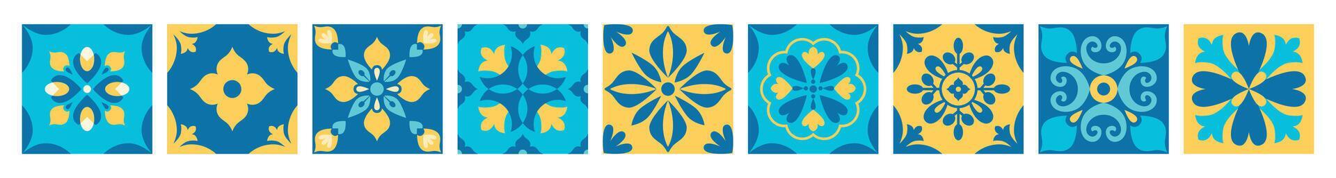 Mediterranean geometric border. Floral arabesque, ornament. Italian, Portuguese, Spanish blue and yellow tiles in traditional style. Wall and floor interior design. Mosaic. Azulejo. .