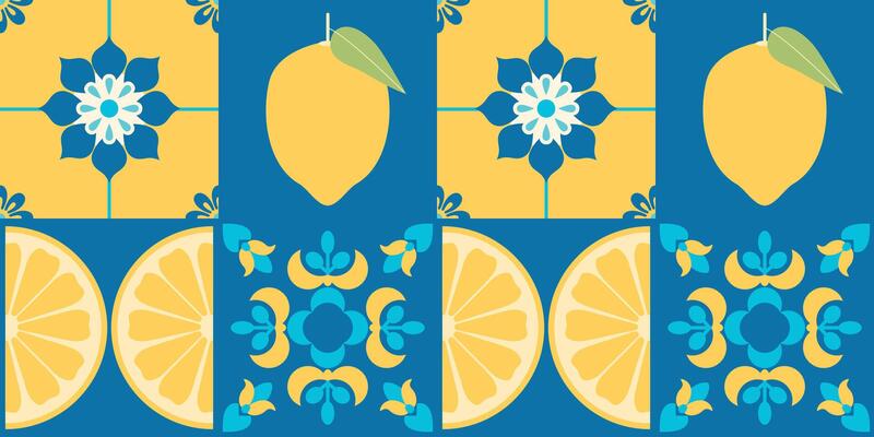 Mediterranean tiles seamless pattern with lemons. Blue and yellow background. Amalfi coast vibes. Abstract geometric floral ornament. Italian, Portuguese, Spanish traditional style. Mosaic. .