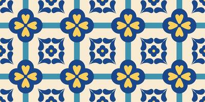Greek summer seamless pattern. Mediterranean geometric floral background. Endless tiles border. Portugal, Italian, Moroccan, Turkish, Spanish, Damask ornament. Blue and yellow azulejo. . vector