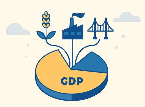 GDP pie chart with sectors of agriculture, industry, and infrastructure represented by visual icons vector