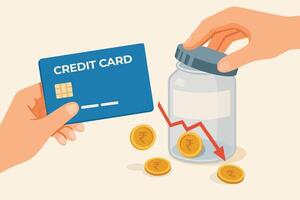 Financial loss showing coins scattered around a jar with a red downward arrow and a hand holding a credit card symbolising declining savings vector