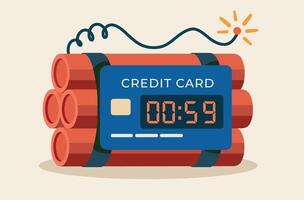 Credit card attached to dynamite with a lit fuse and countdown timer, symbolising urgent financial risk vector