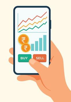 móvil comercio interfaz demostración financiero gráficos, moneda símbolos y comprar vender opciones en un teléfono inteligente pantalla vector