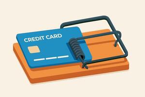 Credit card placed as bait in a mousetrap, symbolizing the financial risks of overspending and debt vector