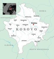 Political map of Kosovo displaying major cities, borders with Serbia, Montenegro, Albania, and North Macedonia, and its European location vector