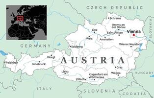 Map of Austria showing major cities including Vienna, borders with neighboring countries, and its location in Central Europe vector