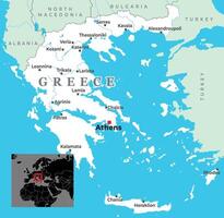 Political map of Greece showing major cities, national borders, coastal islands, and its location in Europe vector