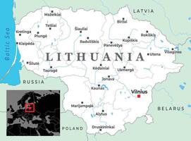 Political map of Lithuania highlighting major cities, national borders with neighboring countries vector