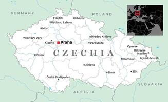 Map of Czechia showing key cities like Prague, Brno, Ostrava, and its borders with Germany, Poland, Slovakia, and Austria, placed in Central Europe vector