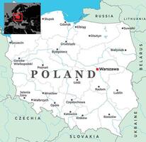 Political map of Poland showing major cities, national borders, and its central location in Eastern Europe with Warsaw highlighted prominently vector