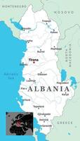 Map of Albania showing major cities, borders with neighboring countries, and coastal access to the Adriatic Sea in Southeastern Europe. vector