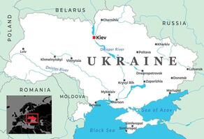 Political map of Ukraine displaying major cities, key rivers, surrounding countries vector