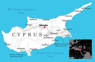 Map of Cyprus highlighting major cities such as Nicosia, Limassol, Larnaca, and Paphos, along with U.K. sovereign base areas and surrounding Mediterranean waters vector
