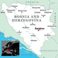 Map of Bosnia and Herzegovina showing major cities, nearby borders, and Adriatic coastal access within Southern Europe. vector