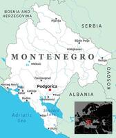 Political map of Montenegro displaying major cities, coastal zones along the Adriatic Sea, and neighboring borders within Southeast Europe vector